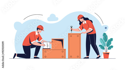 Professional man and woman in orange work shirts and safety helmets assembling wooden cabinets in a bright workspace.