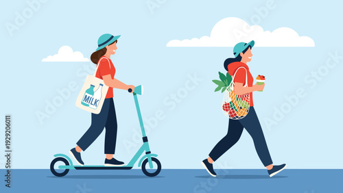 Eco-friendly women commuting with groceries, one riding an electric scooter and the other walking with a reusable mesh bag.