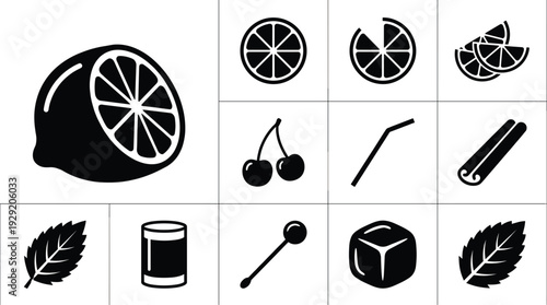 Lemon and Cocktail Ingredient Line Icon Set with Citrus Slices Cherries Ice and Bar Tools