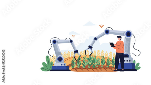 Innovative agricultural technology showing robotic arms working in a field controlled by a man using a digital tablet.