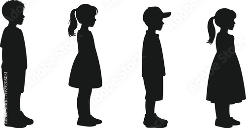 Black Silhouettes of Little Children Standing in Line Vector Set Isolated on White Background for School Education and Childhood Concept Graphic Design Elements