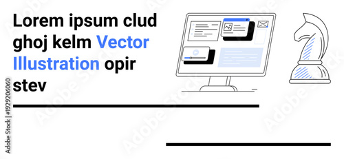 Business strategy, decision-making, planning, user interface design, creativity, web development. A computer monitor with design elements and a chess knight icon. Business strategy