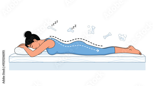 Illustration of a woman lying on a mattress showing correct spinal alignment and comfortable sleep posture for good health.