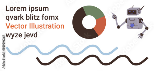 Robotics, data visualization, tech design, futuristic concepts, graphic design tools, innovation. Robot with a pie chart and abstract waves. Robotics and data visualization ideas