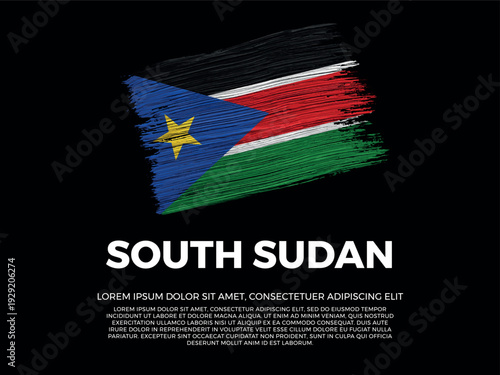 Flag of South Sudan. South Sudanese and African Culture. Vibrant, textured brushstroke effect style. Black background with copy space. Dramatic composition in negative space.