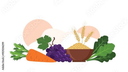 Nutritious still life illustration featuring a bowl of grain, fresh carrots, purple grapes, and green leafy vegetables.