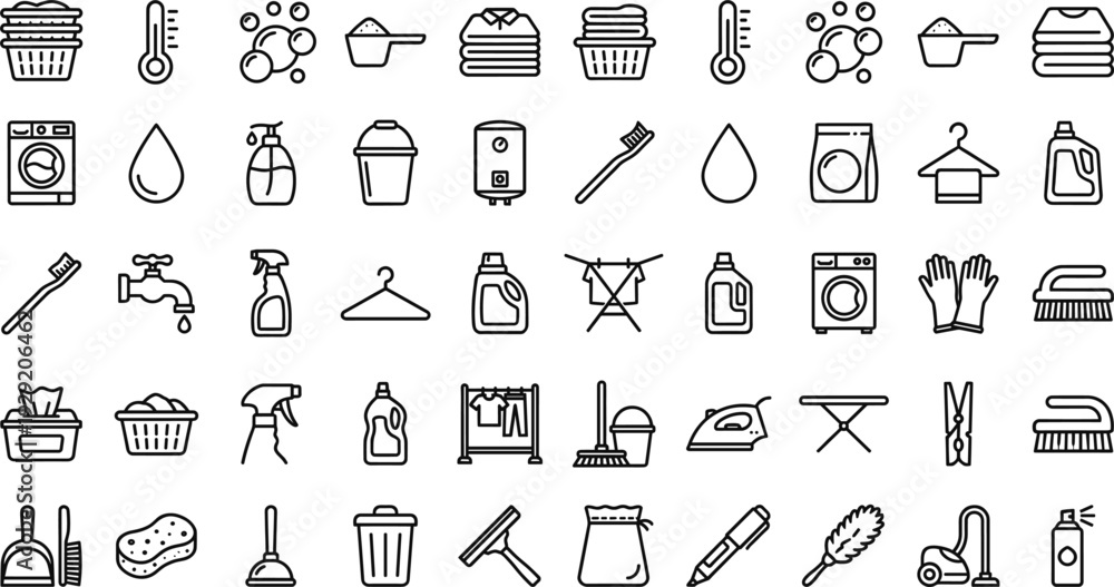 Obraz premium Laundry and Cleaning Line Icon Set Household Equipment Outline Vector Collection