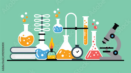 chemistry lab equipment on a shelf with books and a microscope