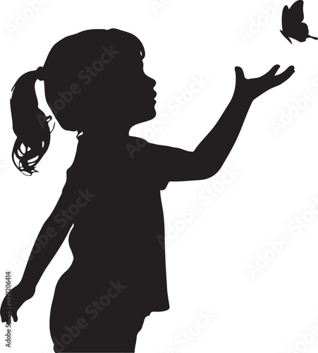 A little girl looking up at butterfly silhouette, Silhouette of Girl Reaching Butterfly Vector Illustration
