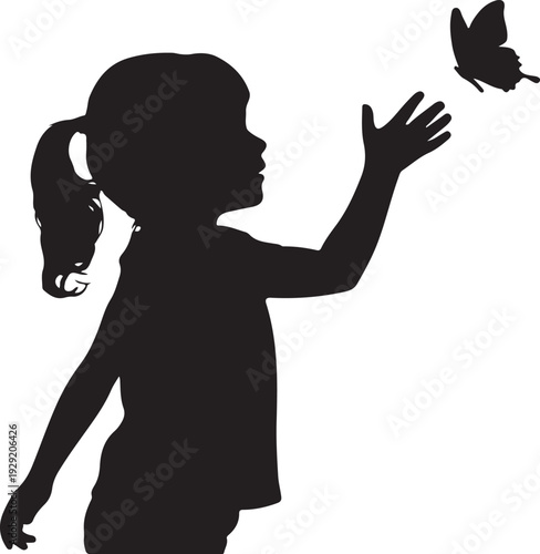 A little girl looking up at butterfly silhouette, Silhouette of Girl Reaching Butterfly Vector Illustration