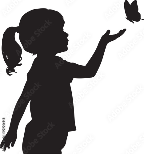 A little girl looking up at butterfly silhouette, Silhouette of Girl Reaching Butterfly Vector Illustration