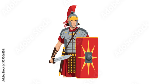 Powerful Roman legionary soldier stands in full armor holding sharp gladius sword and large rectangular red shield with golden sun emblem.
