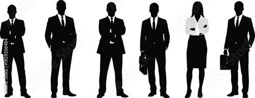 Black silhouettes of six diverse business professionals in formal suits standing in a row on white background, corporate team community vector illustration for design