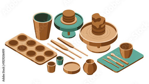 clay pottery making tools and equipment for ceramics and pottery isolated on white background