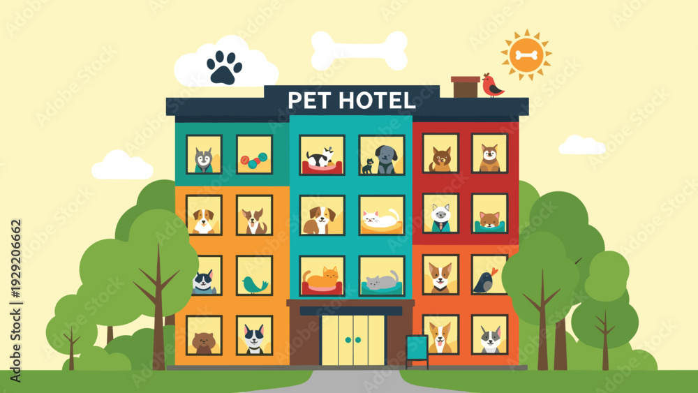 Obraz premium Vibrant multi-story pet hotel building featuring numerous windows with various dogs cats and birds staying in colorful rooms.