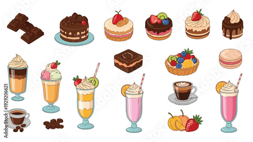 Delicious assortment of cakes pastries and beverages including milkshakes chocolate bars and fruit tarts illustrated in a cute style.