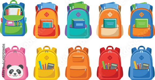 Collection of colorful school backpacks for kids and students with stationery, pens, rulers, and notebooks, isolated flat vector illustration set.