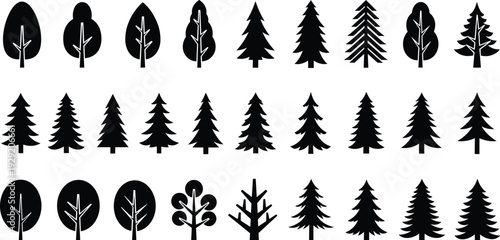 Black tree silhouette icon set featuring deciduous and conifer forest trees, nature symbols collection isolated on white background for ecology, landscape and design projects