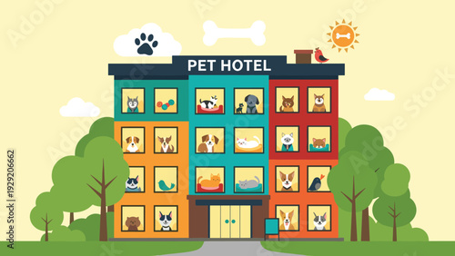 Vibrant multi-story pet hotel building featuring numerous windows with various dogs cats and birds staying in colorful rooms.