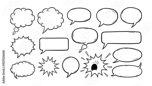 Conversation Balloons in a Comic Strip Style: A collection of various conversation balloon shapes and styles, capturing the essence of storytelling and dialogue in a dynamic, illustrative manner.