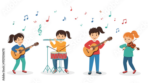 Group of talented young girls playing different musical instruments including guitar drums flute and violin during joyful school performance.