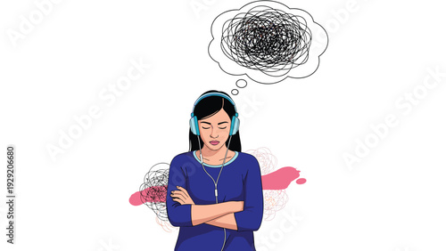 Young woman wearing headphones tries to calm her chaotic thoughts represented by scribbled cloud using music as therapeutic relaxation tool.