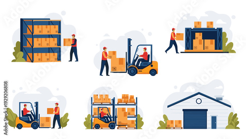 Detailed illustrations of warehouse activities including forklift operators moving boxes workers organizing shelves and storage building exterior.