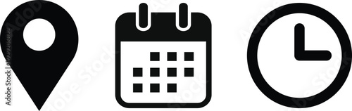 date time location icon set. Event and schedule sign. Time management and destination icons. Calendar icon symbol. clock sign
