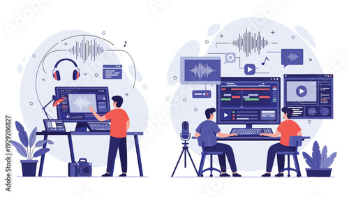 Digital creators working in professional studio environment using advanced software for audio production and video editing on computers.