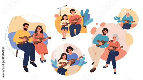 Collection of scenes showing people of different ages and relationships enjoying playing ukulele together in various home settings.