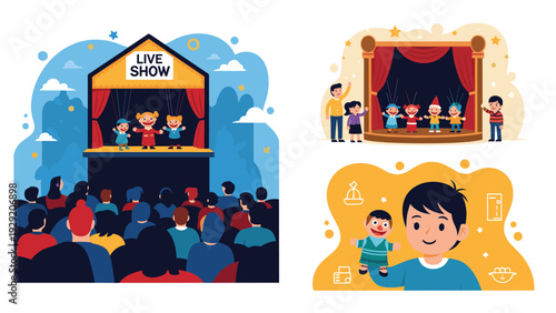 Captivated audience watches live puppet show on stage while children participate in theatre workshop and play with hand puppets.