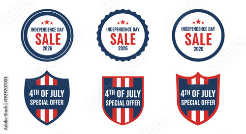 Set of 6 Fourth of July Sale Badges and Special Offer Shields Vector isolated on White Background