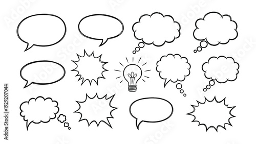 Thought Bubbles: A collection of various comic-style thought and speech bubbles, along with a light bulb, symbolizing ideas, conversations, and creative thinking.