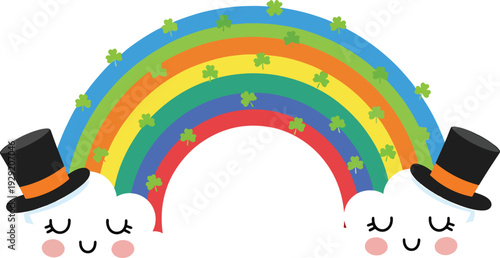Cartoon rainbow with leprechauns and shamrocks