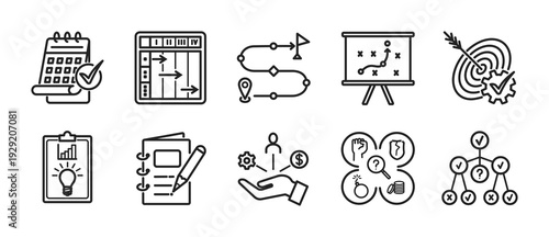 Project Management Strategy Outline style vector Icon Set featuring calendar, Gantt chart, roadmap, strategy board, goal target, vision board, planning notebook, resource allocation, SWOT analysis 