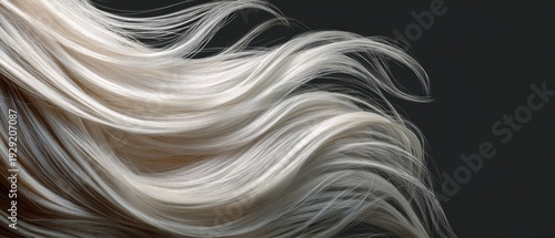 Texture of long shiny platinum blonde hair. Wave of healthy smooth silver hair strands on a black background. Beauty concept banner for salon or shampoo