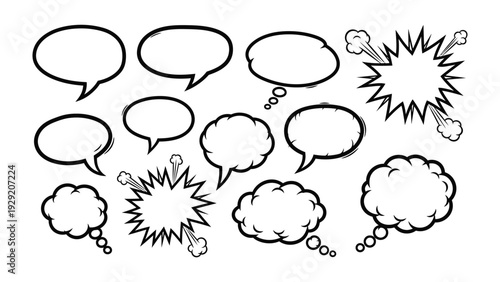 Comic book Speech Bubbles: A collection of blank speech bubbles, offering space for imaginative text. Representing different shapes and styles commonly used in comic strips. 