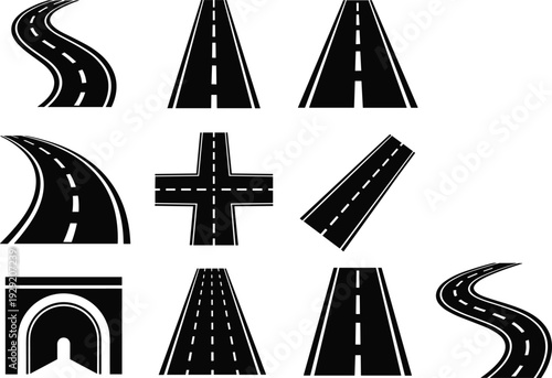 Black vector silhouette set of various road pathways featuring winding curves straight highways crossroad intersections and a tunnel for transportation and urban infrastructure design
