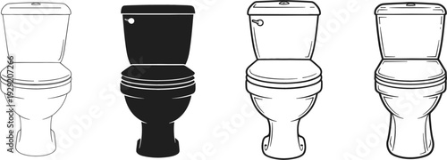 Toilet Silhouette and Outline Set Bathroom Sanitary Fixture Collection Isolated on White Background Vector Illustration