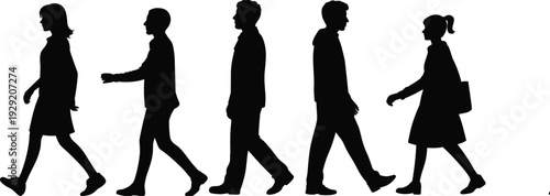 Black Vector Silhouettes of Diverse People Walking and Commuting in Side Profile View Isolated on White Background for Urban Life and Movement Graphic Design