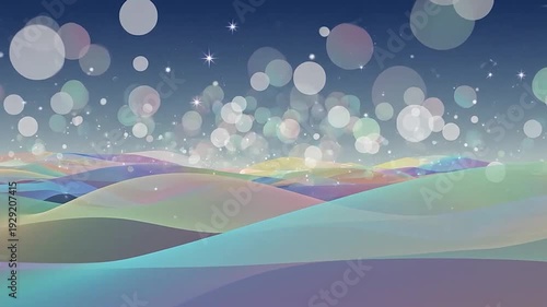 Ethereal abstract landscape with colorful waves and sparkling bokeh lights