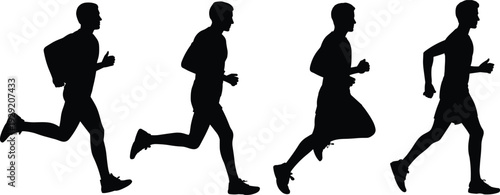 Black Vector Silhouettes of Men Running and Jogging in Different Motion Sequences Isolated on White Background for Fitness Sports and Healthy Lifestyle Graphic Design