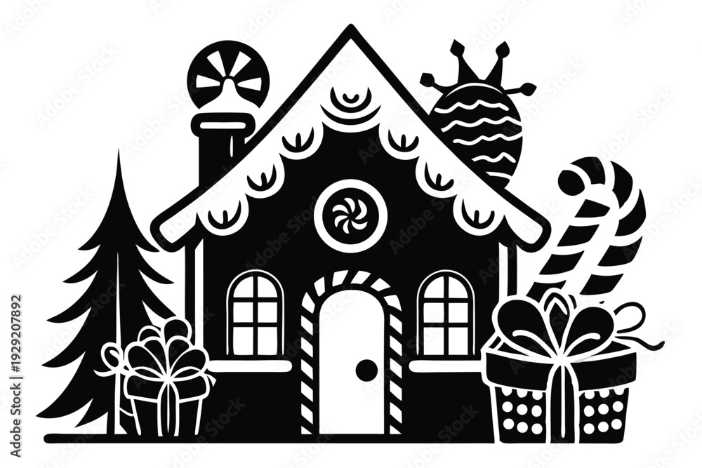 Fototapeta premium christmas gingerbread house silhouette line art vector illustration