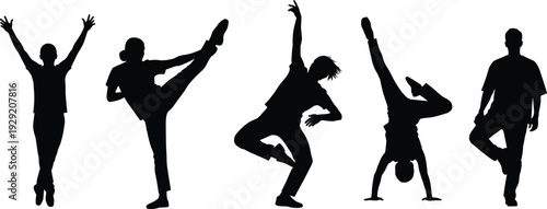 Breakdance dancer silhouettes collection with dynamic hip hop moves isolated on white background, street dance performers in action poses for urban culture design