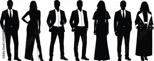 Business people silhouettes in formal suits and dresses standing in a row, representing professional team, corporate diversity, leadership, and modern workplace concept isolated on white background.