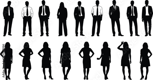 Business people silhouette collection with men and women standing in formal wear, corporate team profiles isolated on white background for professional presentation design