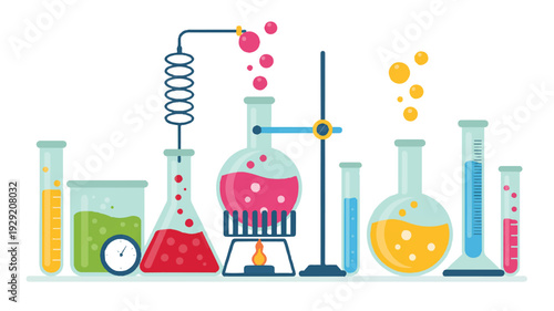 Colorful laboratory equipment with various flasks and test tubes on a table in a science lab