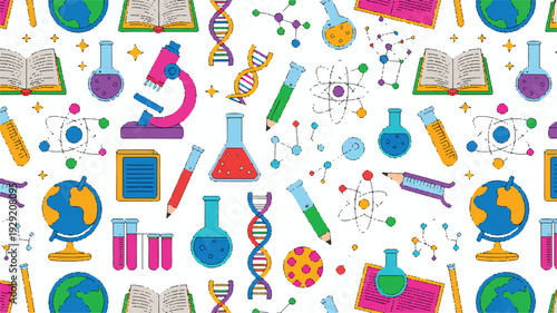 Colorful science and education icons on white background