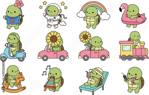 Cute Turtle Character Activity Set with Travel Music Summer Vacation and Adventure Cartoon Vector Collection