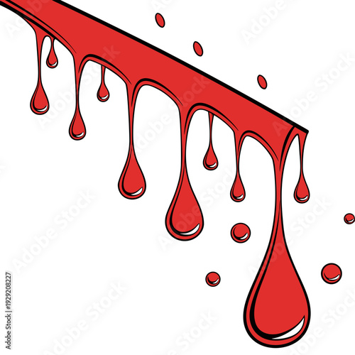 Illustration of blood dripping down a surface with outlines emphasizing each drop and spill, on a clear white background graphic